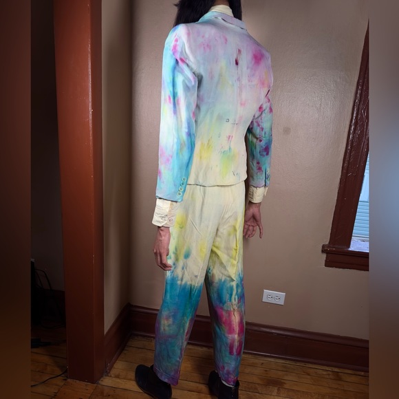 Party Dyed Suit Vintage Painted Blazer Rainbow Boho Jacket Funky Y2K Pants Chic - Picture 9 of 16